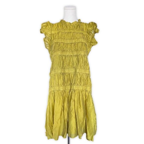 QP Designers Ruffle Tier Dress Women S Moss Green Lined Peasant High Neck Midi - Picture 1 of 10